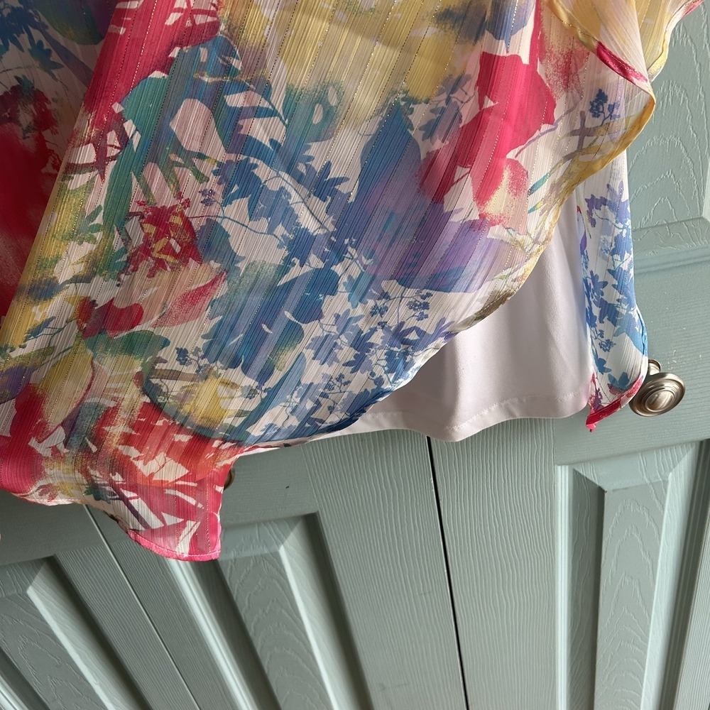Chicos Tropical Floral Pink Blouse Size 2 US Large Flowy Spring Short Sleeve - Picture 9 of 13